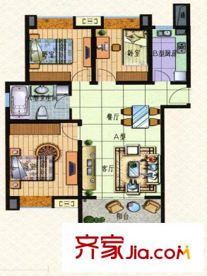 明月天瓏灣郁金香廣場(chǎng)A座標(biāo)準(zhǔn)層C戶型 3室2廳1衛(wèi)1廚