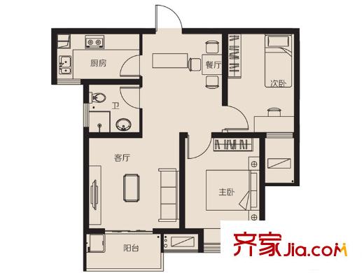 金泉泰來苑98幢B2戶型 2室2廳1衛(wèi)1廚