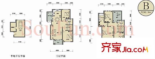 山水華門(mén)戶(hù)型圖問(wèn)茶苑疊加戶(hù)型B 5室2廳3衛(wèi)1廚