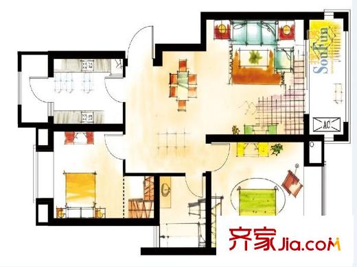 天華硅谷18#、21#標(biāo)準(zhǔn)層A戶型圖 3室2廳1衛(wèi)1廚