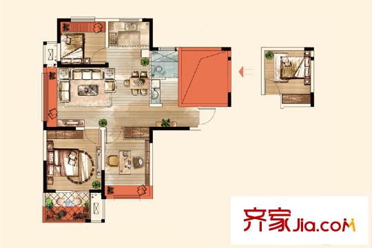 冠城大通藍(lán)郡二期B組團(tuán)1-5、7、11、29號(hào)樓標(biāo)準(zhǔn)層B戶型 3室2廳1衛(wèi)1廚