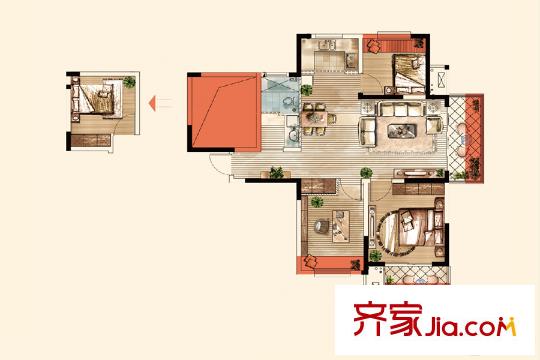 冠城大通藍(lán)郡二期B組團(tuán)1-4號(hào)樓標(biāo)準(zhǔn)層B1戶型 3室2廳1衛(wèi)1廚