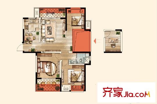 冠城大通藍(lán)郡二期B組團(tuán)6、8、12、14號(hào)樓標(biāo)準(zhǔn)層E戶型 3室2廳1衛(wèi)1廚