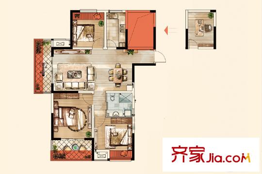 冠城大通藍(lán)郡二期B組6、8、12、14、17、19棟標(biāo)準(zhǔn)層H戶(hù)型 3室2廳1衛(wèi)1廚