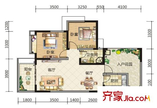 嘉來盛世華庭高層A-1戶型 2室2廳1衛(wèi)1廚