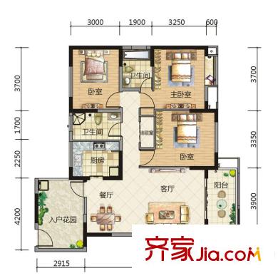 嘉來盛世華庭A-6戶型 3室2廳2衛(wèi)1廚