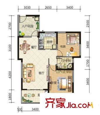 嘉來盛世華庭A-4戶型 2室2廳1衛(wèi)1廚