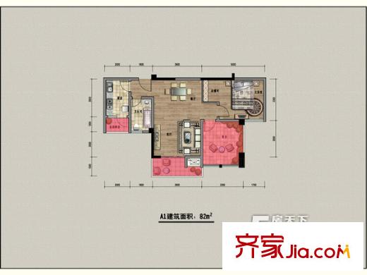 美林西岸1、7、8#A1戶型  1室2廳1衛(wèi)1廚