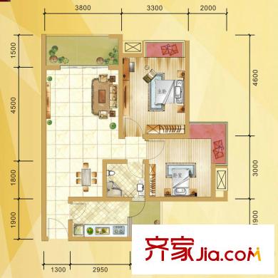 同立悅城A2戶型 2室2廳1衛(wèi)1廚