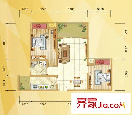 同立悅城C1戶型 2室2廳1衛(wèi)1廚
