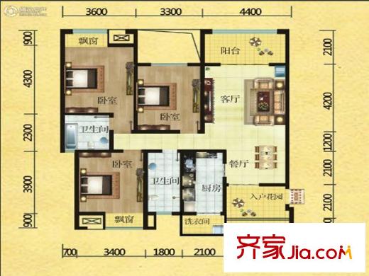 華西歐洲花園G戶型 3室2廳2衛(wèi)1廚