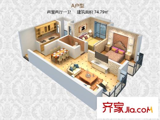 中瑋海潤廣場A戶型模型圖 2室2廳1衛(wèi)1廚