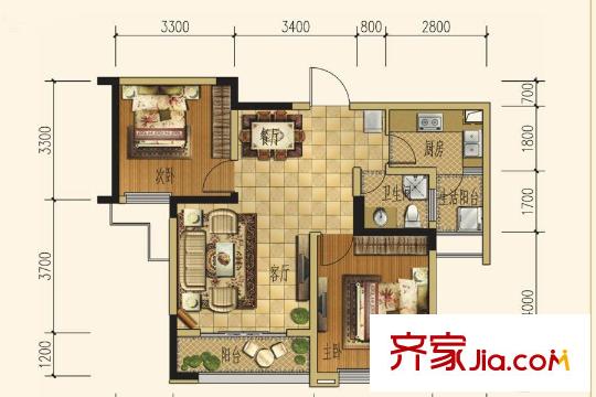 三江國際麗城C區(qū)瀾岸C區(qū)瀾岸A戶型 2室2廳1衛(wèi)1廚