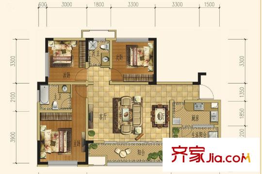三江國際麗城C區(qū)瀾岸C區(qū)瀾岸E戶型 3室2廳2衛(wèi)1廚
