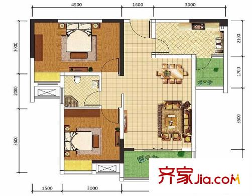 卓信金楠天街二期F1戶(hù)型 2室2廳1衛(wèi)1廚