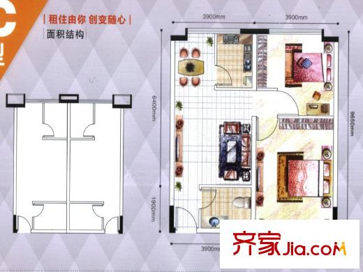 五方校園廣場(chǎng)C戶型 2室2廳1衛(wèi)1廚