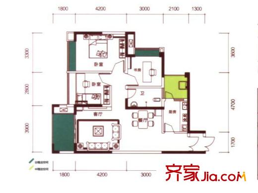 華美美立方7號樓C2戶型 3室2廳1衛(wèi)1廚