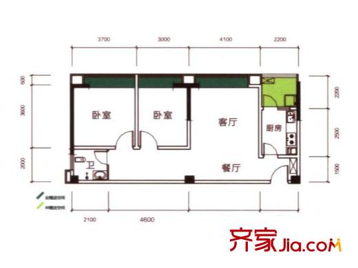 華美美立方9號(hào)樓D2戶(hù)型 2室2廳1衛(wèi)1廚