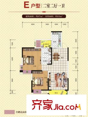 中鐵涪江新園E戶型圖 2室2廳1衛(wèi)1廚
