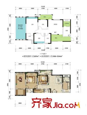 五和蘋果國際社區(qū)B2_戶型圖 3室2廳2衛(wèi)1廚
