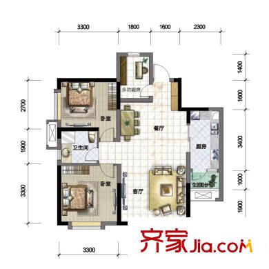五和蘋果國(guó)際社區(qū)C1戶型 2室2廳1衛(wèi)1廚