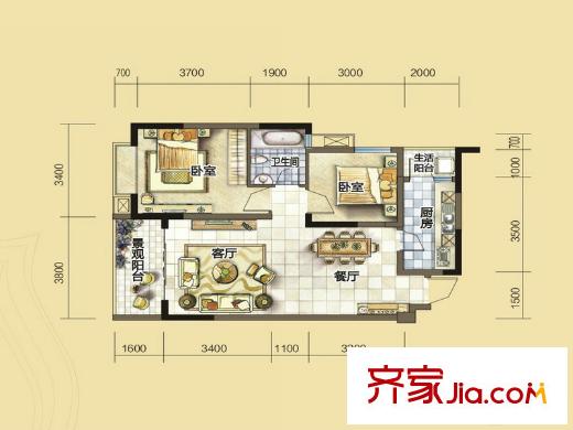 匯川喜來公社D1戶型 2室2廳1衛(wèi)1廚