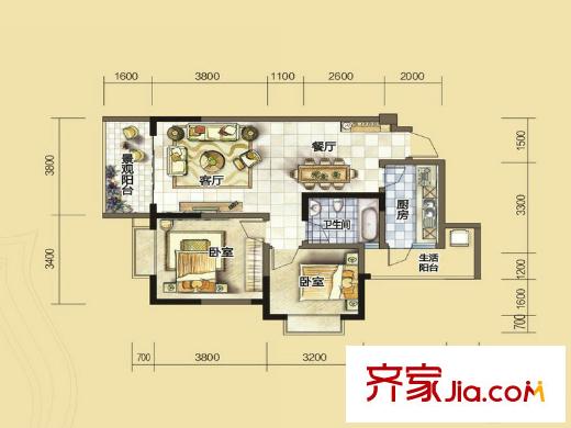 匯川喜來公社D2戶型 2室2廳1衛(wèi)1廚