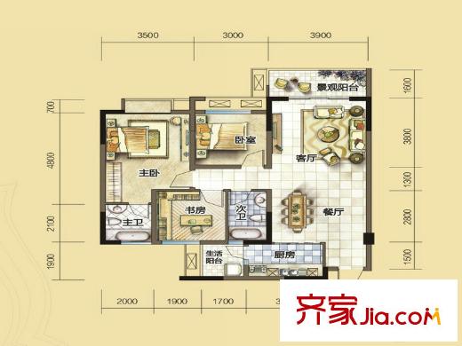 匯川喜來公社E1戶型 3室2廳2衛(wèi)1廚