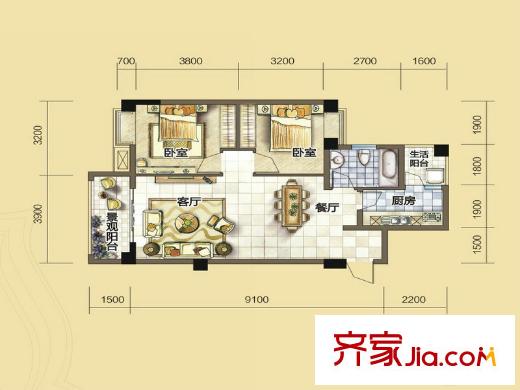 匯川喜來(lái)公社F3戶型 2室2廳1衛(wèi)1廚