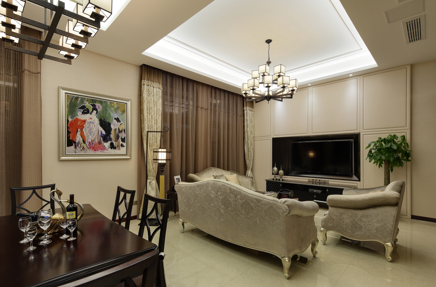 中式风格,140平米以上装修,20万以上装修,复式装修,客厅,电视背景墙,沙发,米色