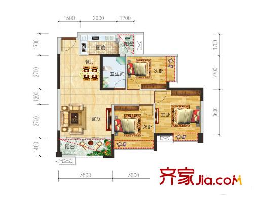 中瑋海潤(rùn)城B2戶型 3室2廳1衛(wèi)1廚
