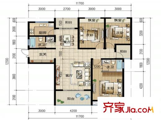 華匯御景豪庭C1戶型 3室2廳2衛(wèi)1廚
