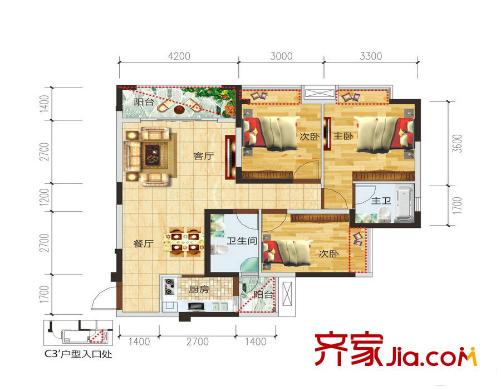 中瑋海潤(rùn)城C3戶型 3室2廳2衛(wèi)1廚