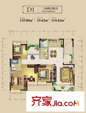 興發(fā)龍溪谷15棟D1-2 3室2廳2衛(wèi)1廚