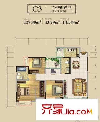 興發(fā)龍溪谷13棟C3-2 3室2廳2衛(wèi)1廚