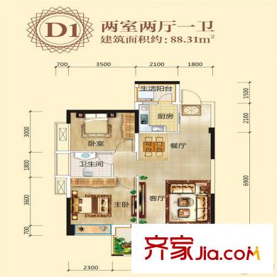 長(zhǎng)興?星城D1戶型 2室2廳1衛(wèi)1廚