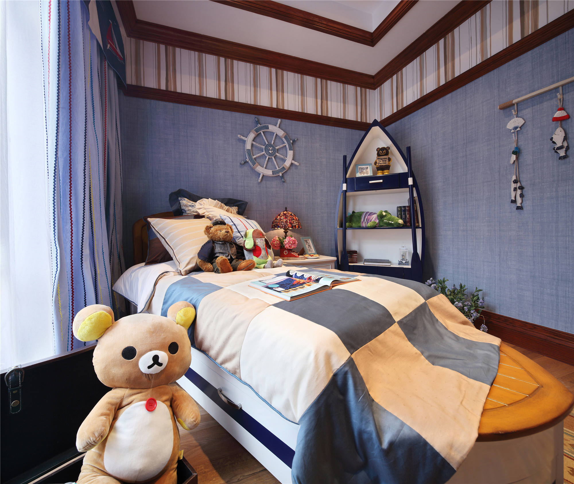 美式风格,别墅装修,20万以上装修,140平米以上装修,儿童房,卧室背景墙,床上用品,蓝色