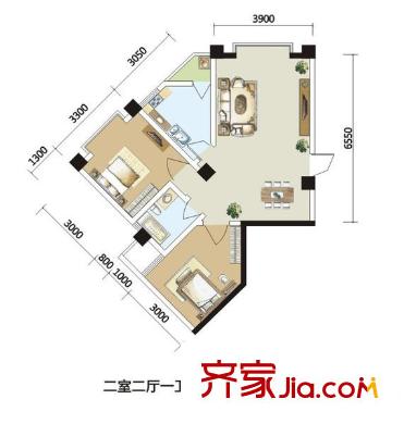 芙蓉金座戶型圖C1 2室2廳1衛(wèi)1廚