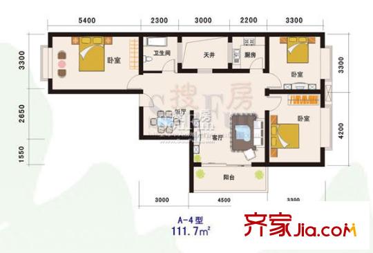 芙蓉山莊戶型圖A4戶型 3室2廳1衛(wèi)1廚