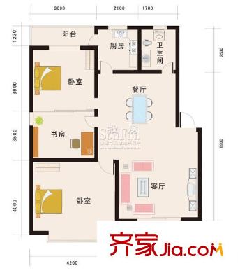 芙蓉山莊戶型圖B1戶型 3室2廳1衛(wèi)1廚