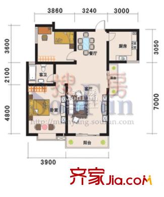 芙蓉山莊戶型圖A3戶型 2室2廳1衛(wèi)1廚