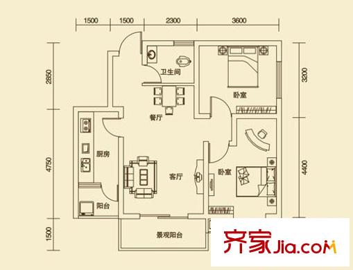 圣高金都戶型圖C 2室2廳1衛(wèi)