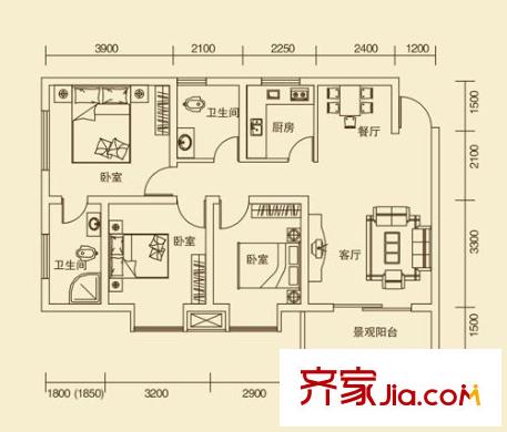 圣高金都戶型圖F 3室2廳2衛(wèi)