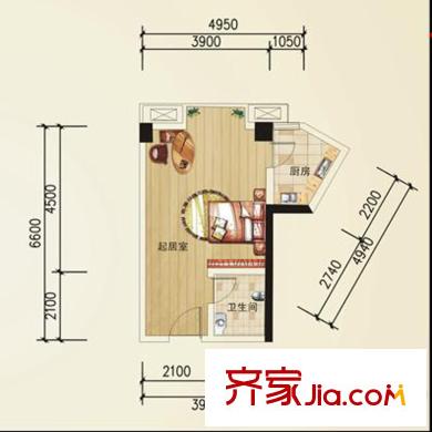 凱信水韻濱江二期公園大帝W戶型 1室1廳1衛(wèi)1廚