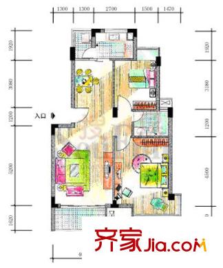 鴻越瑞平方米花園戶型圖君子軒B2棟 2室2廳1衛(wèi)1廚