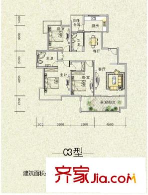 九洲家園戶型圖C3 3室2廳2衛(wèi)1廚