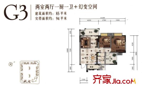 樹高卡地亞戶型圖 2室2廳1衛(wèi)1廚