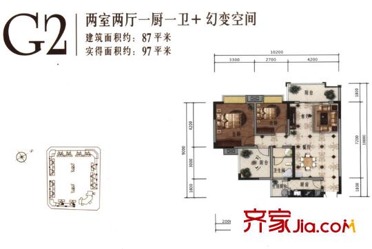 樹高卡地亞戶型圖 2室2廳1衛(wèi)1廚