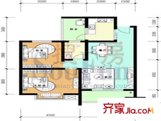 紅格涪岸戶型圖2-A戶型圖 2室2廳1衛(wèi)1廚