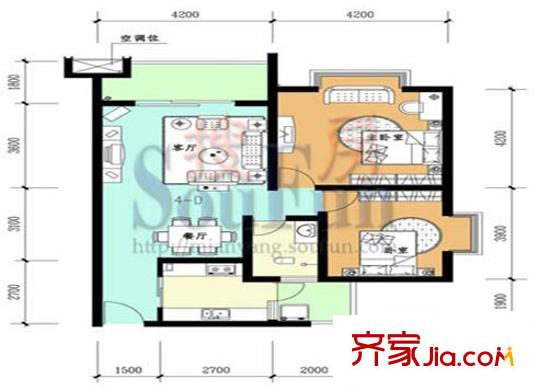 紅格涪岸戶型圖4-D戶型圖 2室2廳1衛(wèi)1廚